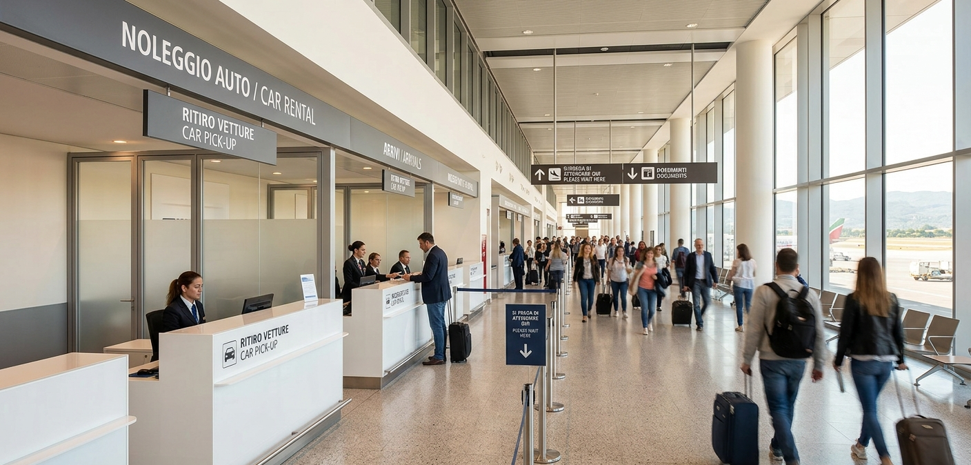 Car rental desk in the arrivals hall of Olbia Costa Smeralda airport in Sardinia, Italy