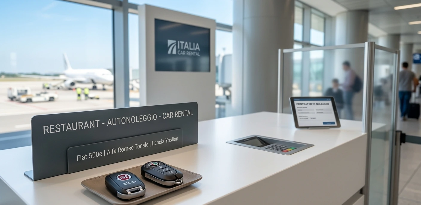 Car keys resting on a rental counter at an Italian airport with natural light