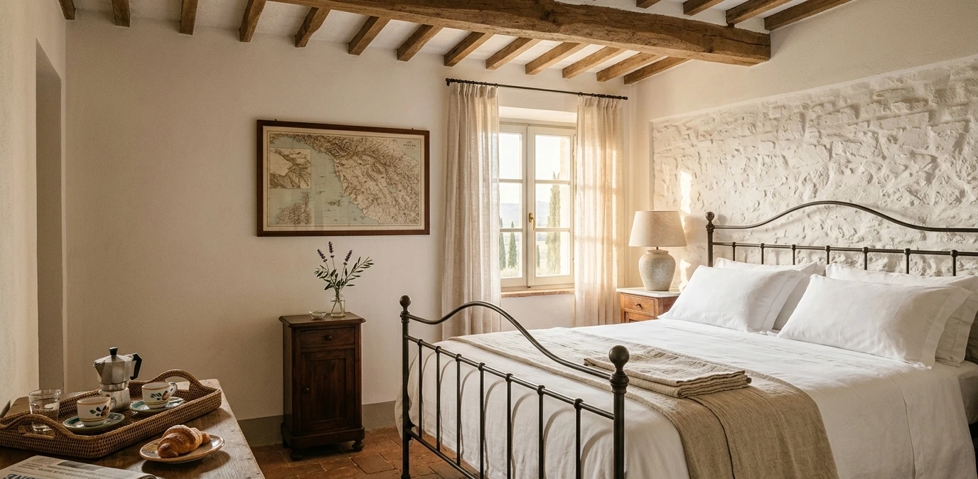 Italian B&B bedroom with exposed wooden beams, whitewashed stone walls, wrought iron bed with white linen, antique wooden bedside table with fresh flower and espresso tray.