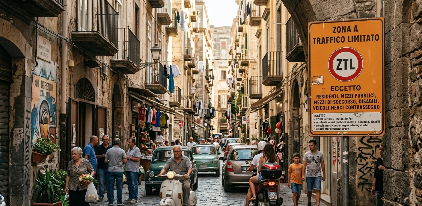 narrow street in the Naples historic centre with scooters, cars and an orange ZTL sign visible at the entrance