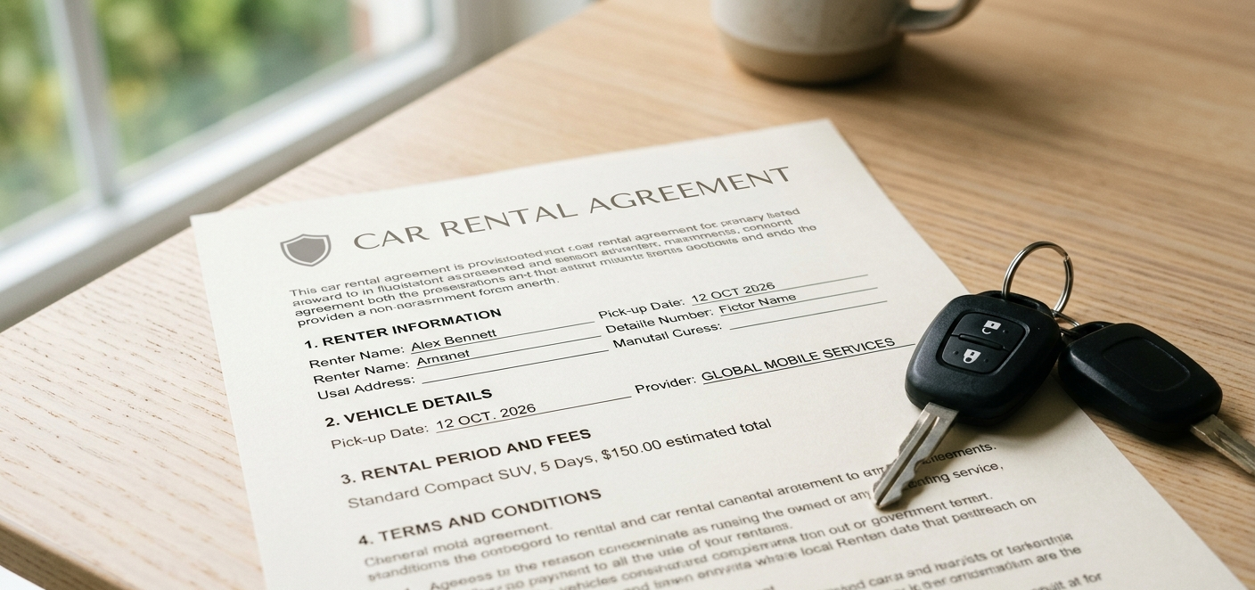 Car rental agreement lying on a light wooden desk with a set of car keys, illustrating the importance of reading insurance and excess clauses carefully