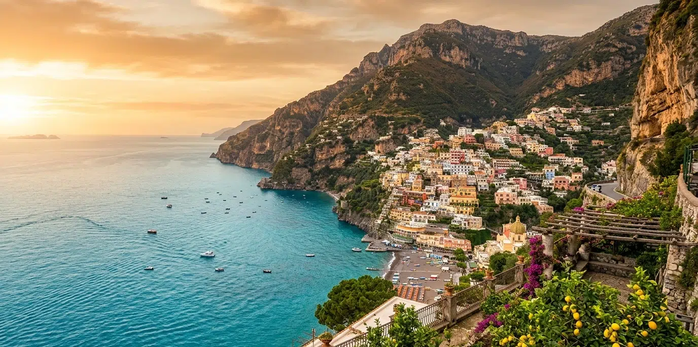 Vue aérienne de la côte campanienne en Italie du Sud au coucher de soleil, mer turquoise et villages colorés sur les falaises