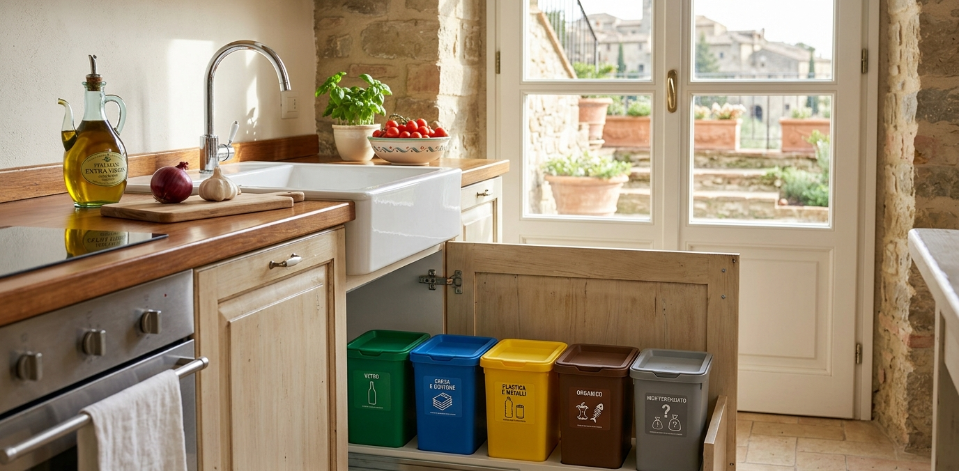 Five small coloured recycling bins under the sink in a bright Italian kitchen