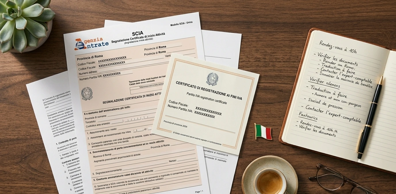 Flat lay of a desk with Italian administrative documents including a SCIA form and an Agenzia delle Entrate document, a pen, glasses and an open notebook with handwritten notes.
