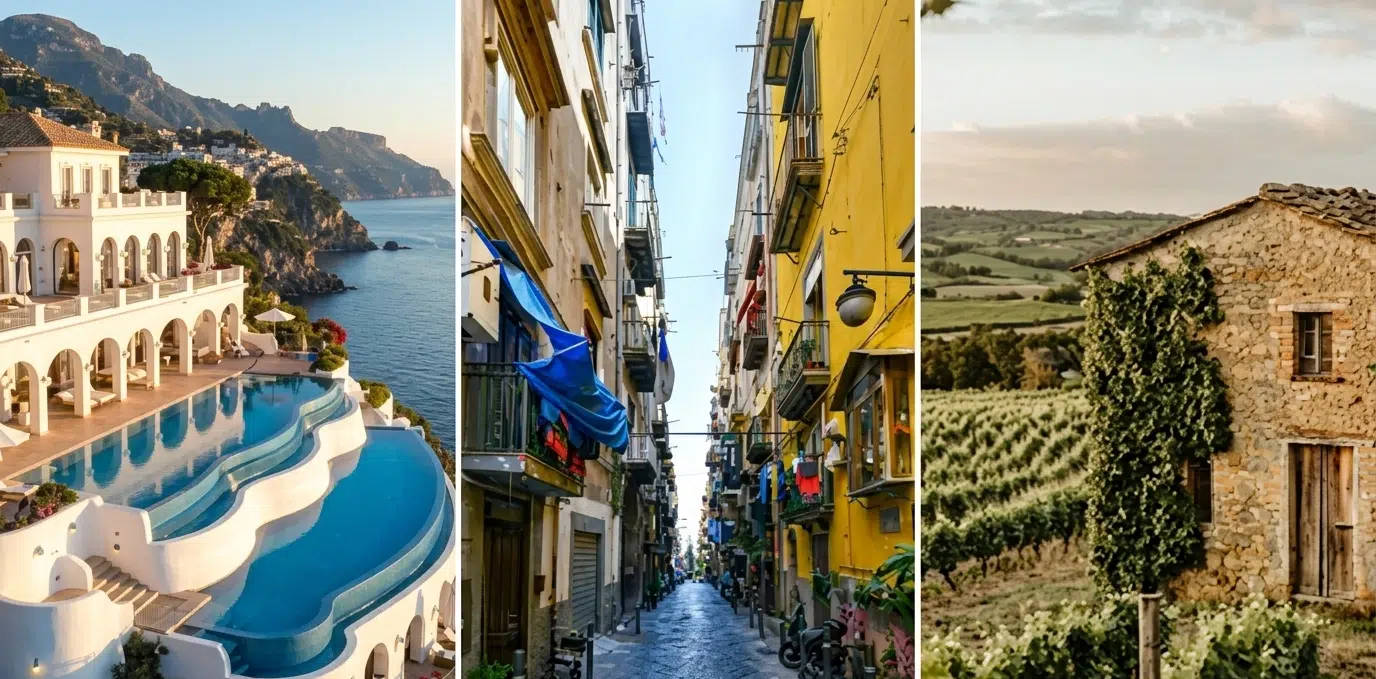 Three types of property in Campania, Italy: a luxury villa on the Amalfi Coast, a colourful building in Naples, and a stone house in the Irpinia vineyards