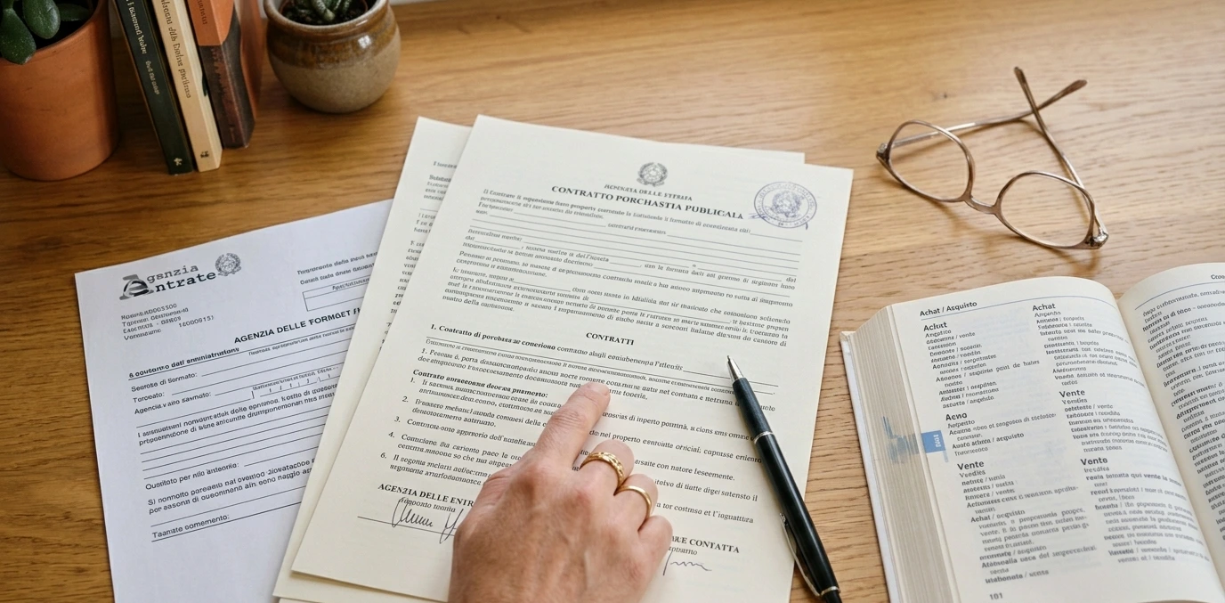 Bureau avec des documents officiels italiens incluant un contrat immobilier et un document de l'Agenzia delle Entrate, une main pointant une ligne du texte, et un dictionnaire bilingue ouvert à côté