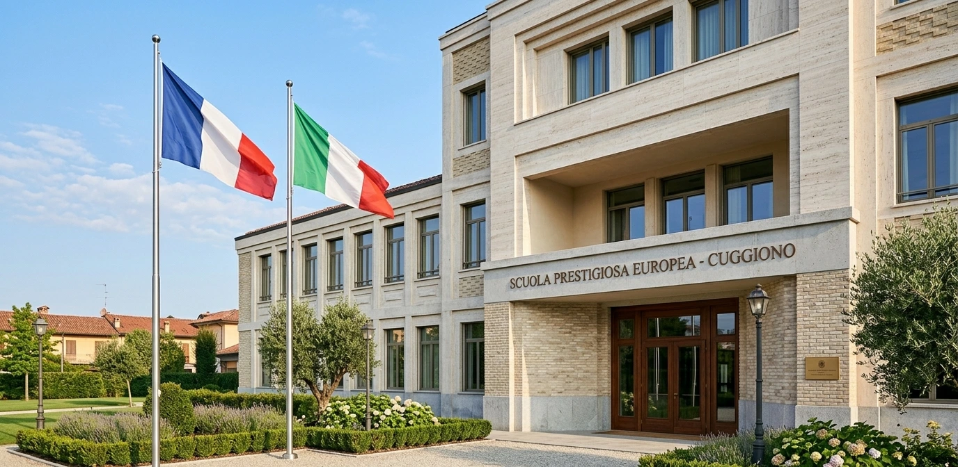 Façade d'un lycée français homologué en Italie avec les drapeaux français et italien, représentant le réseau AEFE pour les familles françaises expatriées