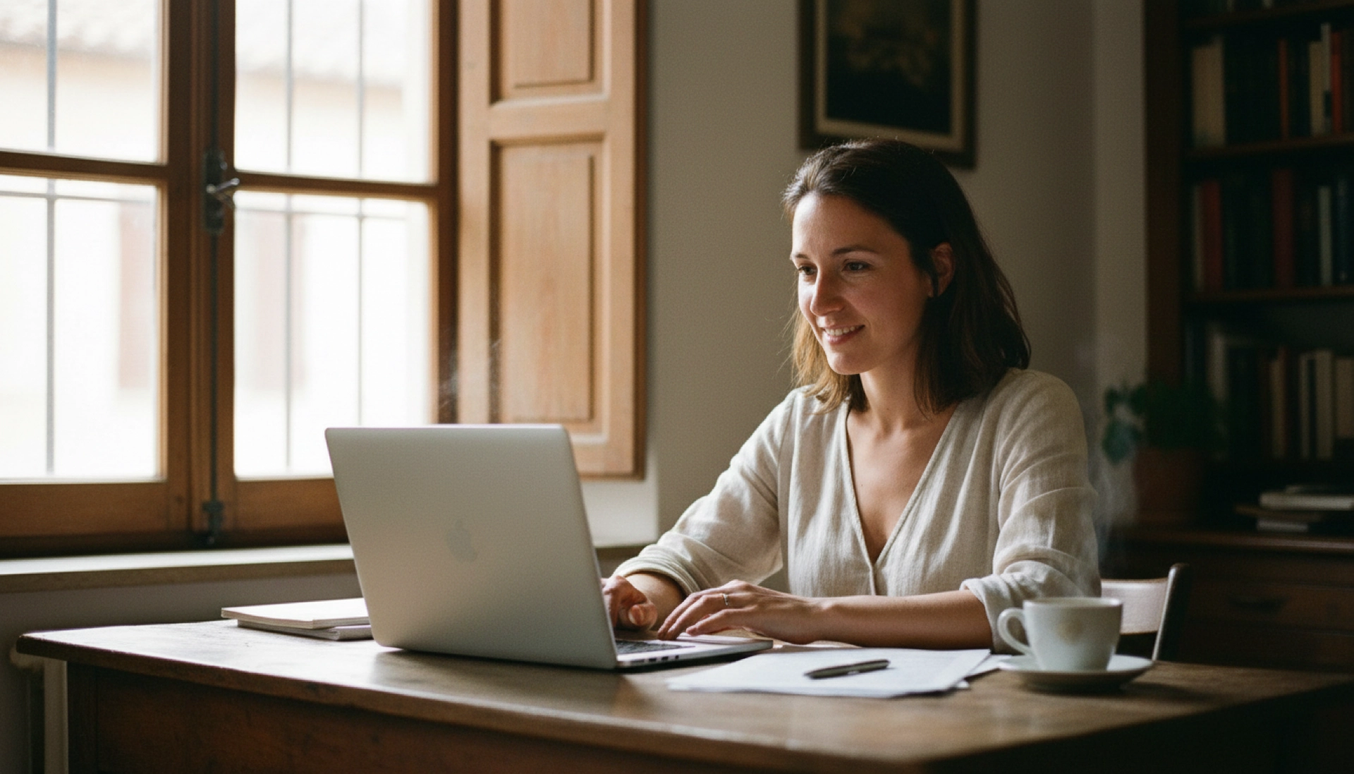 Femme expatriée française travaillant à son bureau en Italie consultant des informations sur le salaire minimum italien
