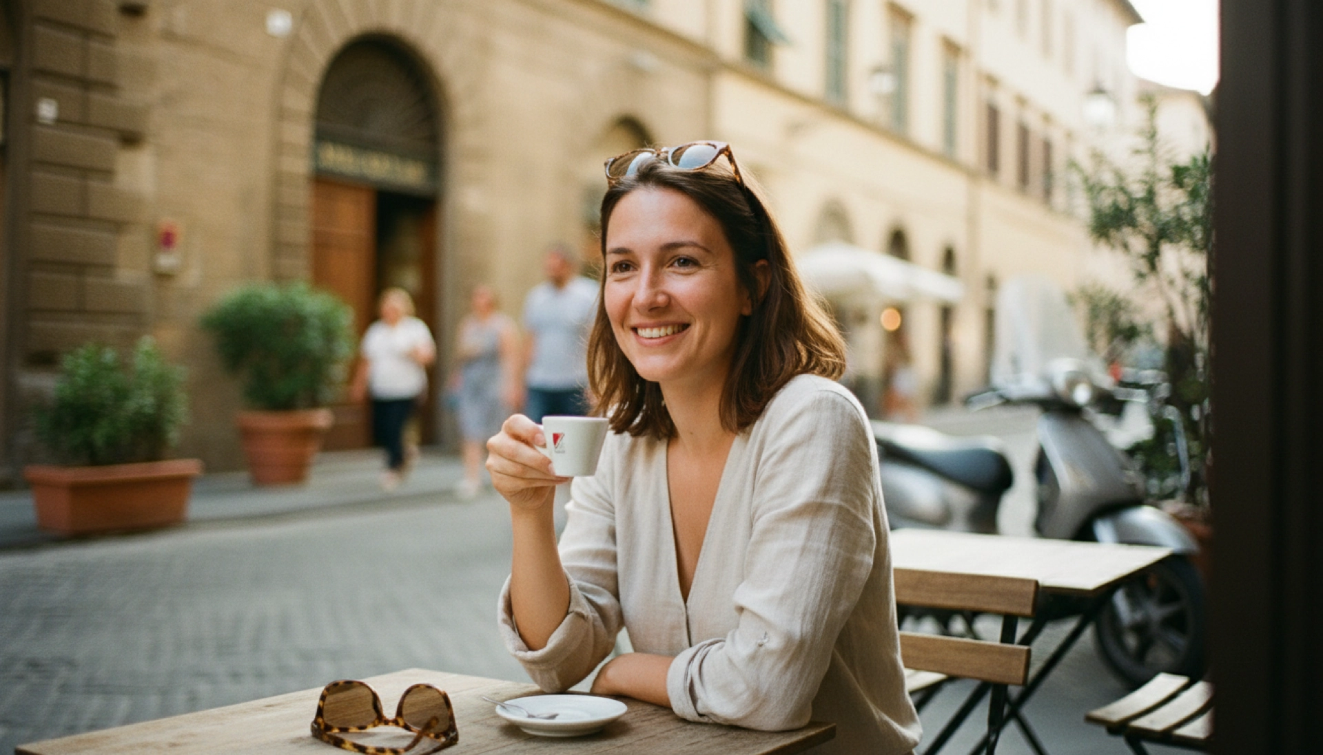 Femme expatriée française souriante en terrasse d'un café italien après une expatriation réussie