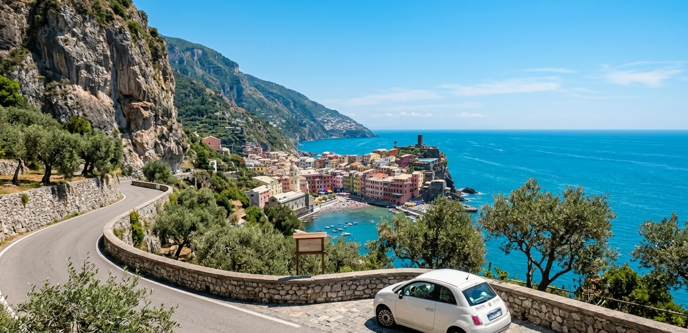 small rental car parked at a viewpoint on the Amalfi Coast with cliffs and turquoise sea in the background