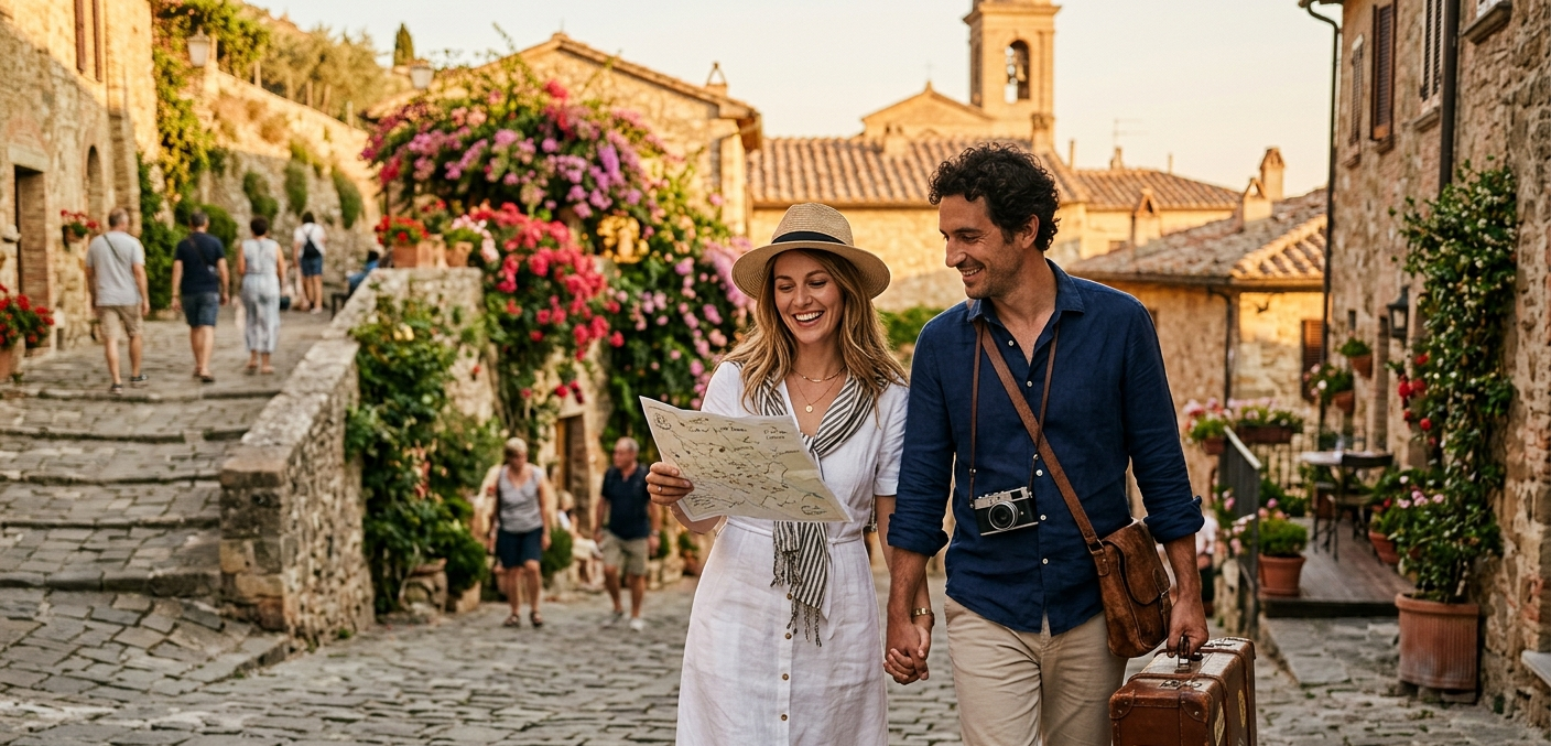 Un couple de futurs expatriés français arrive dans une rue pavée d'un village italien ensoleillé, valise à la main