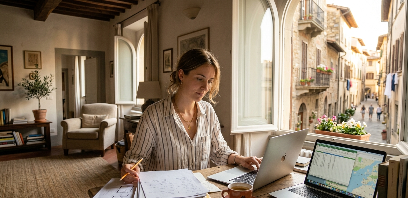 Une jeune femme française consulte des documents administratifs sur son bureau dans un appartement italien lumineux