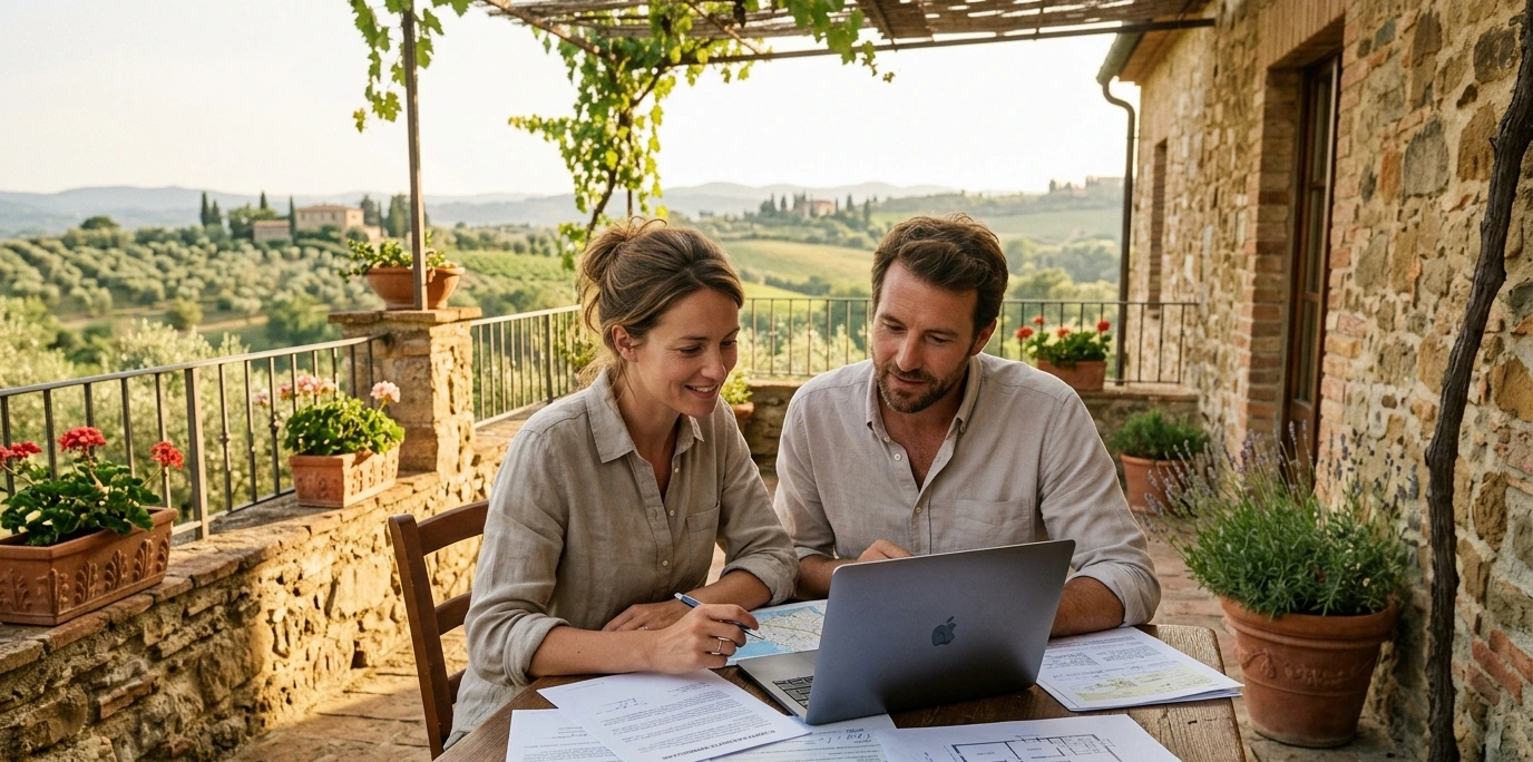Couple de futurs expatriés français consultant des documents administratifs sur la terrasse ensoleillée d'une maison en Toscane