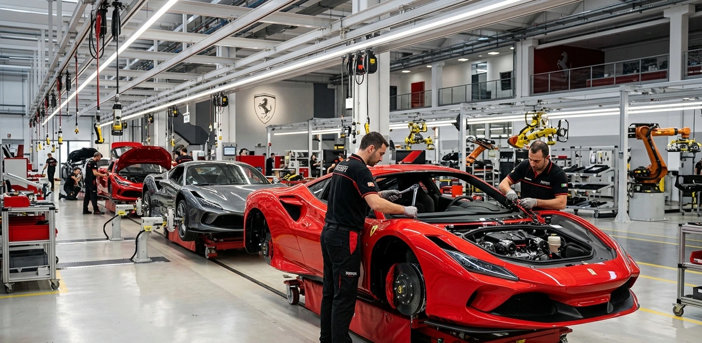 Ferrari factory in Maranello — Assembly line, luxury automotive craftsmanship