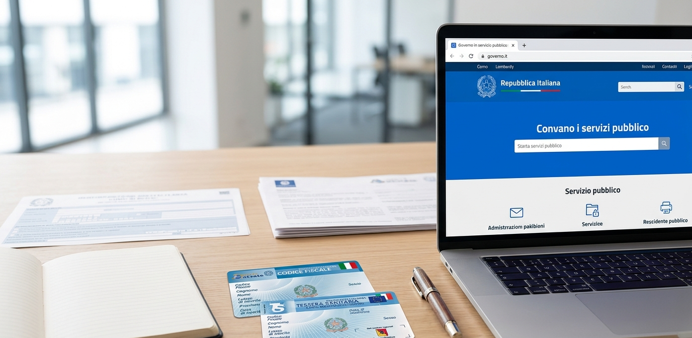 Codice fiscale, tessera sanitaria and Italian administrative documents on a desk, essential for working legally in Italy