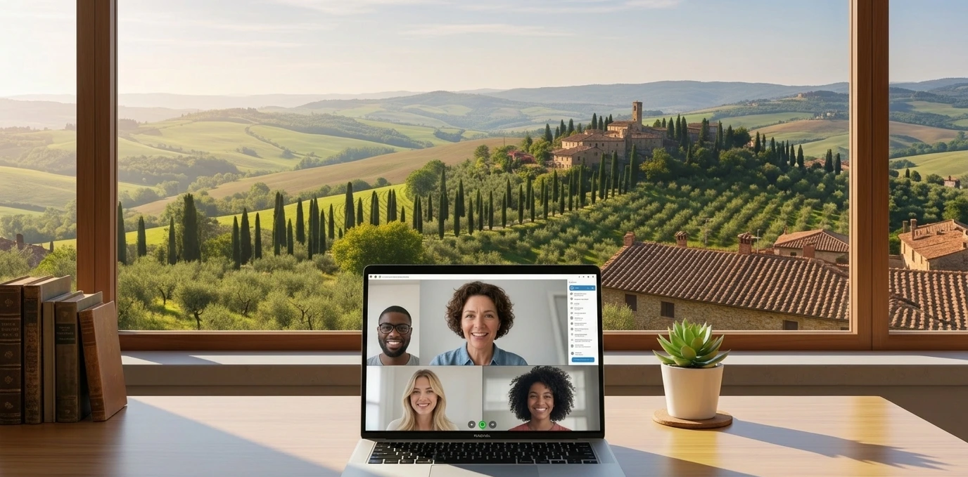 Professeure de français animant un cours d'italien professionnel en visioconférence avec un petit groupe, avec du vocabulaire administratif italien visible au tableau.