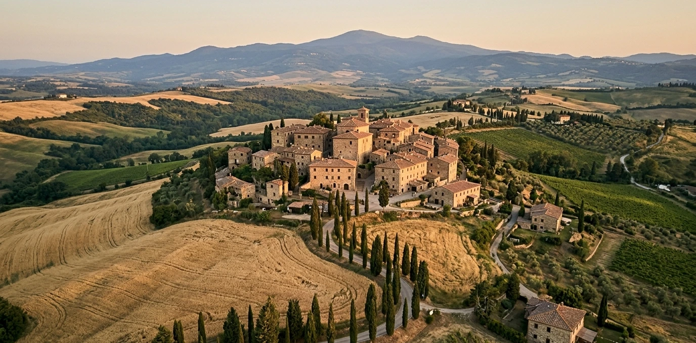 Vue aérienne d'un village toscan au coucher du soleil, destination emblématique des Français expatriés en Italie