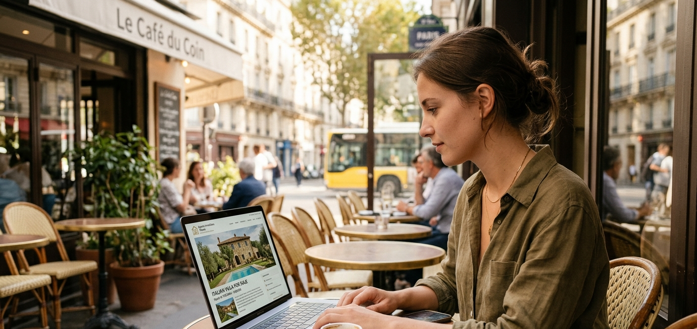 Personne consultant une annonce immobilière italienne sur un ordinateur portable dans un café parisien, illustrant la gestion à distance d'une résidence secondaire en Italie
