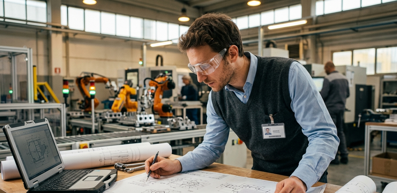 Mechanical engineer reviewing technical plans in a modern factory in northern Italy, one of the most in-demand profiles on the Italian job market