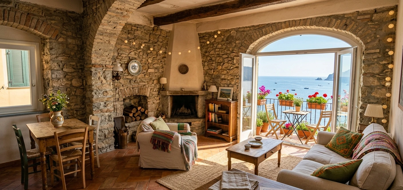Intérieur d'un appartement italien avec murs en pierre, sol en terre cuite et balcon avec vue sur la mer, idéal pour la location saisonnière d'une résidence secondaire en Italie