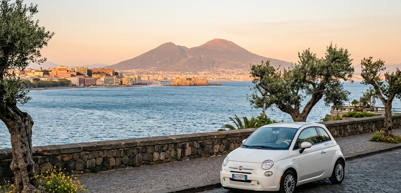 voiture de location blanche garée sur le Lungomare de Naples avec le Vésuve en arrière-plan au coucher du soleil