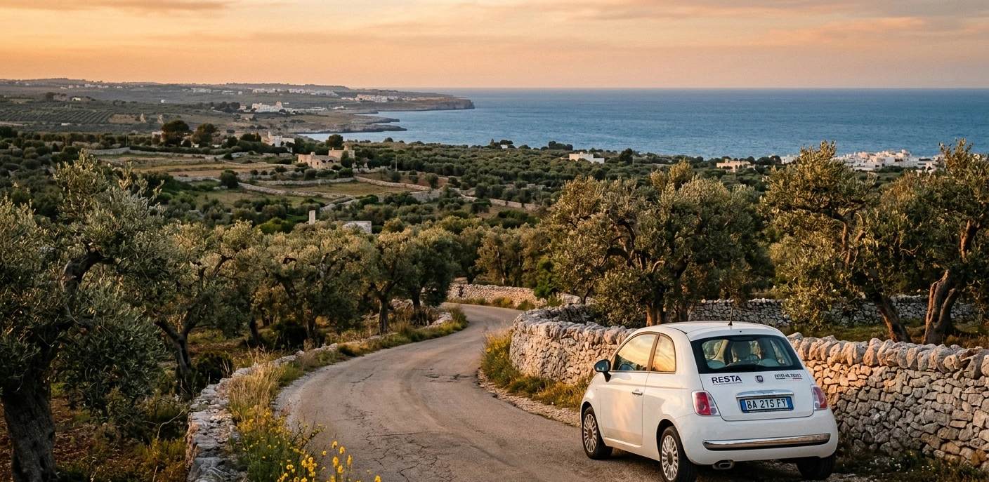 White rental car on a coastal road in Puglia surrounded by centuries-old olive trees with the Adriatic Sea in the background