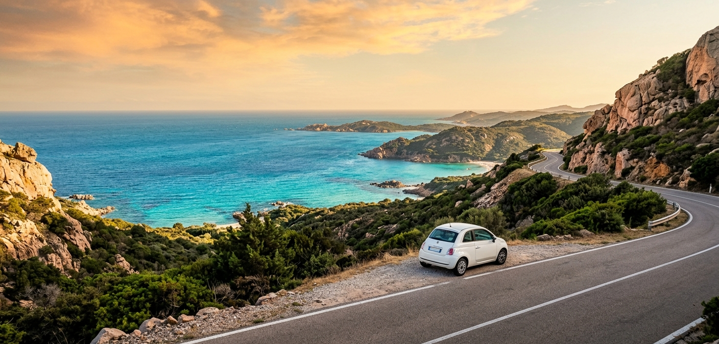 Small white rental car parked on a coastal road in Sardinia with views over the turquoise sea of the Costa Smeralda