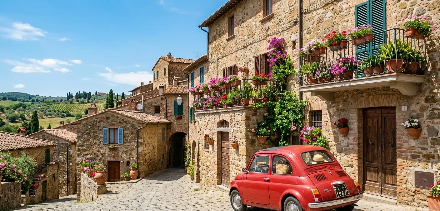 Car rental in Tuscany – Fiat 500 in front of a Tuscan medieval village
