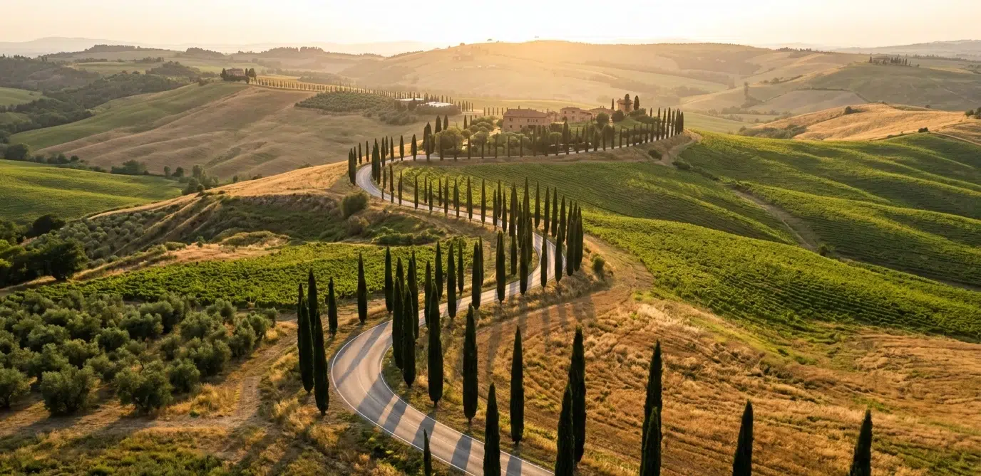 Winding road lined with cypress trees in the Tuscan hills, perfect for a road trip in a rental car