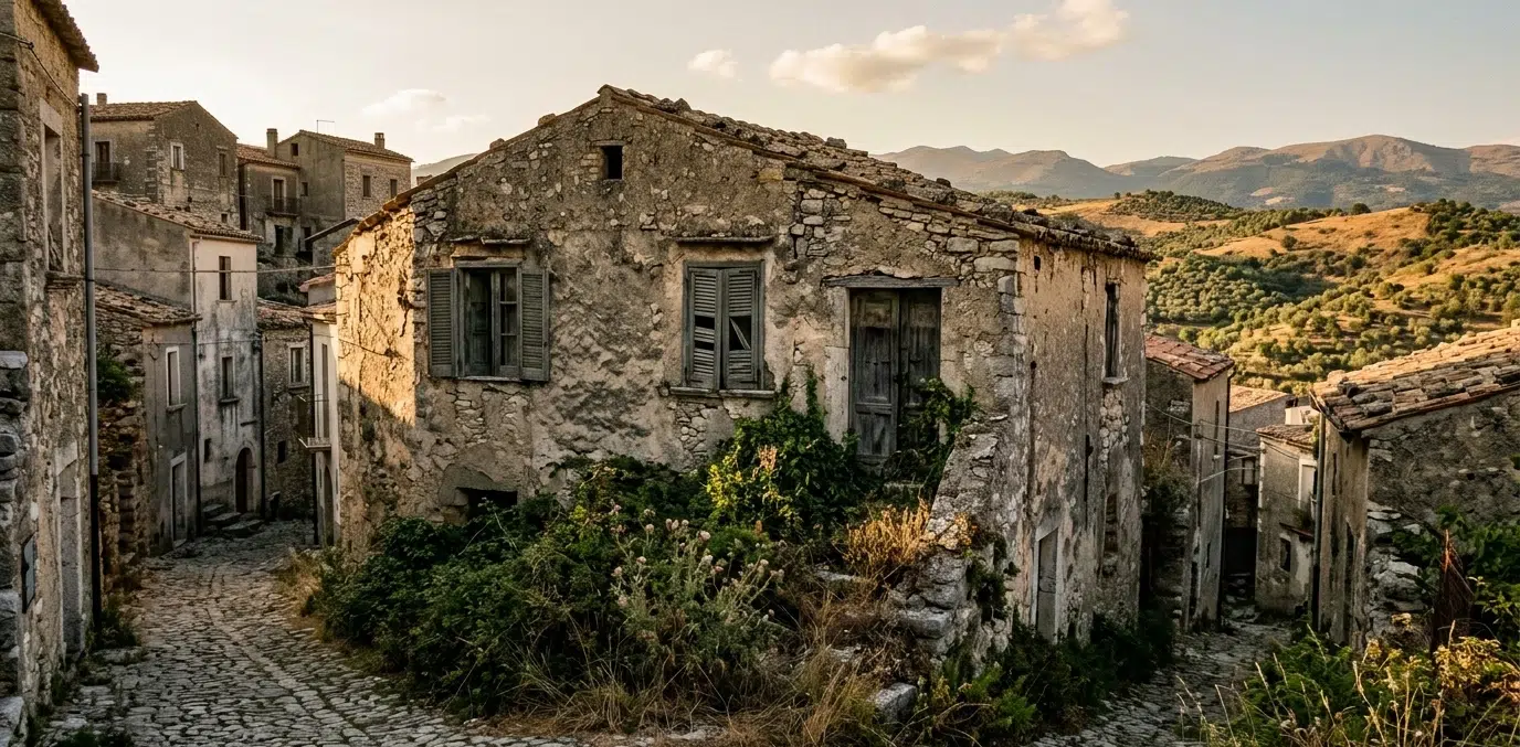 Old abandoned stone house to renovate in a hilltop village in the Cilento, Campania, southern Italy, with faded wooden shutters and a stone alleyway