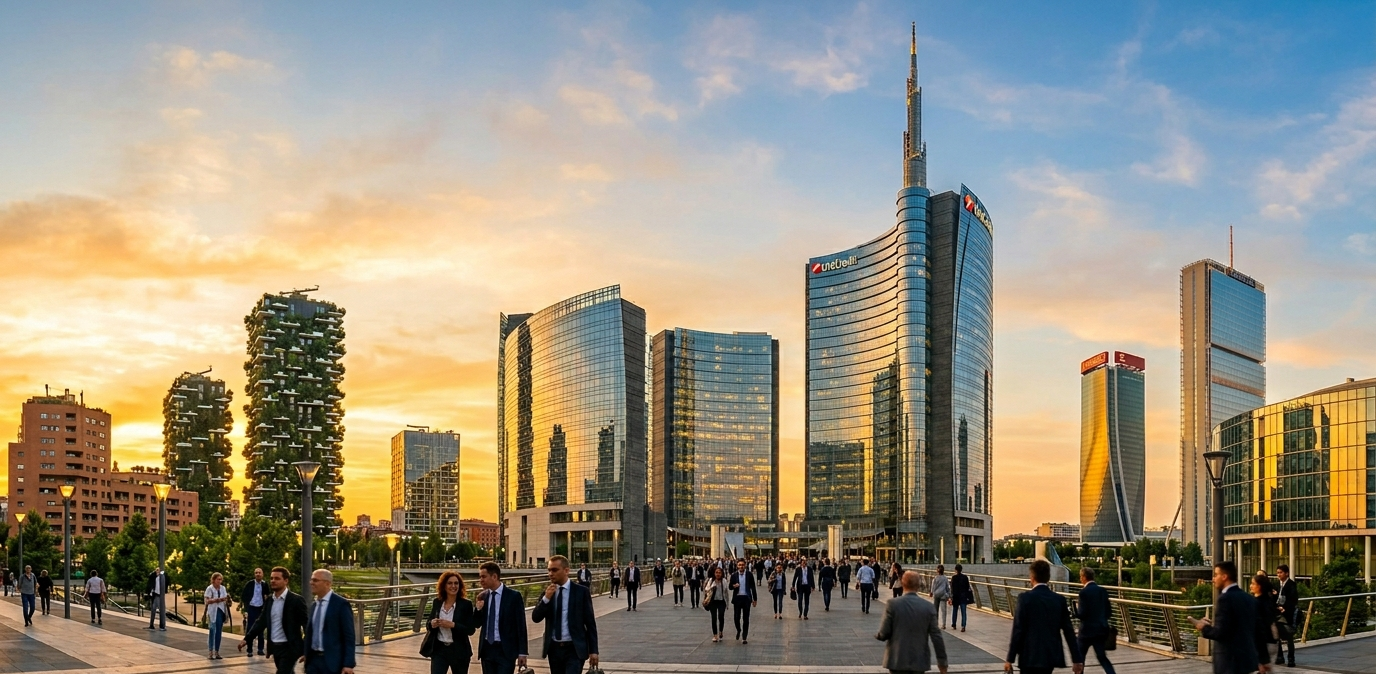 Aerial view of Milan's business district with its modern towers, a symbol of employment opportunities in Italy