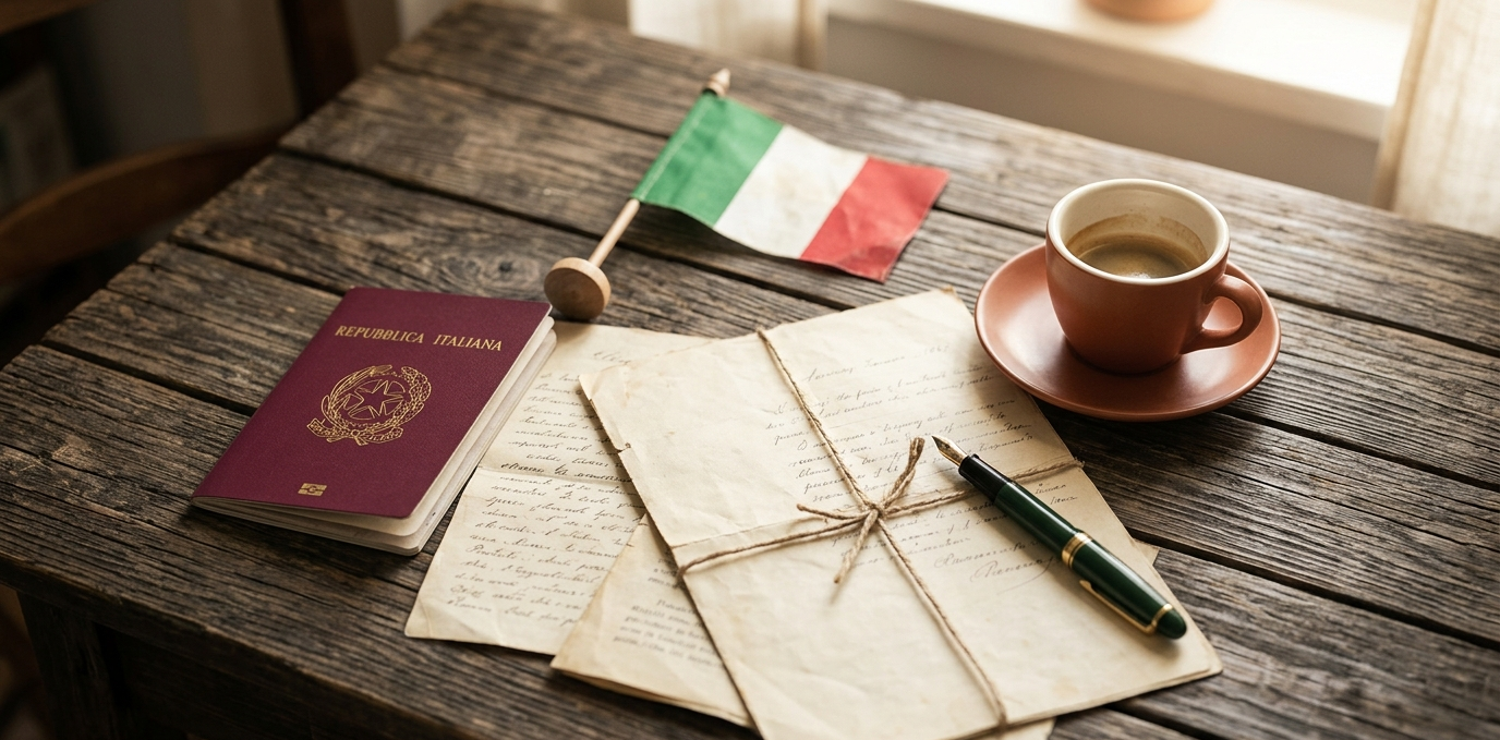 Official Italian documents and passport on a wooden table — Italian citizenship