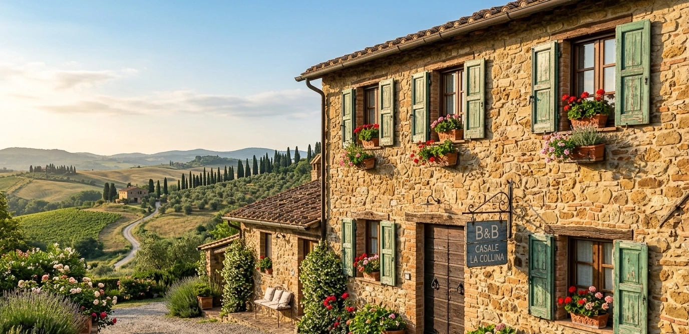 Stone facade of an Italian B&B with green shutters, geraniums on the windowsills and a hand-painted sign at the entrance, with Tuscan countryside in the background.