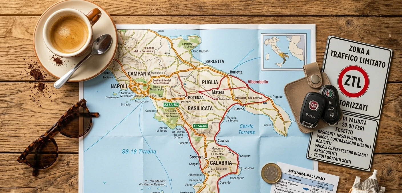 Road map of southern Italy unfolded on a wooden table with sunglasses and car keys beside it
