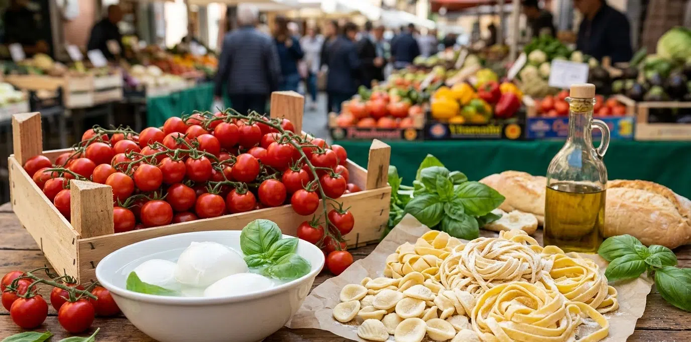 Italian market stall with fresh tomatoes, mozzarella, basil and artisan pasta on wood