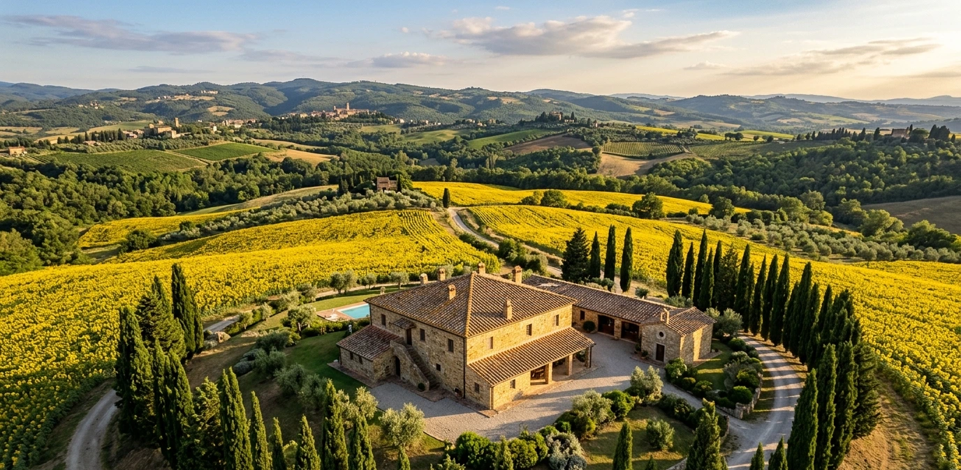 Vue aérienne d'un mas toscan en pierre avec toit en tuiles, entouré de cyprès et de champs de tournesols, typique des résidences secondaires en Italie