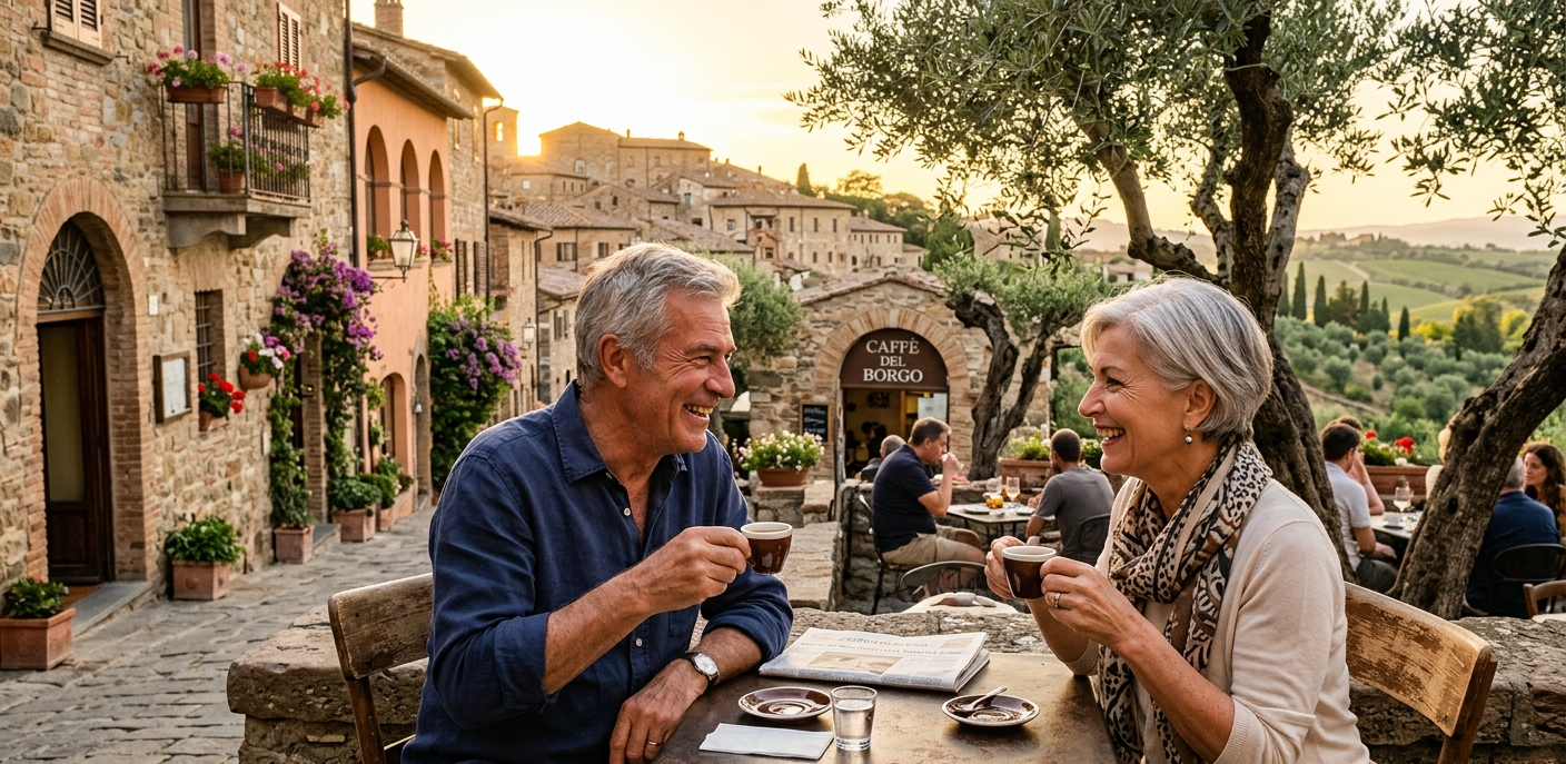 Couple de retraités français souriant autour d'un café en terrasse dans un village italien ensoleillé, entouré d'architecture traditionnelle et d'oliviers en fleurs