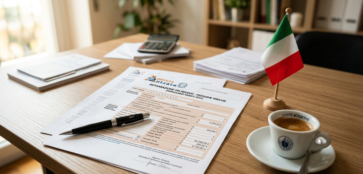 Documents fiscaux italiens posés sur un bureau en bois avec un stylo, une tasse de café et un petit drapeau italien, symbolisant la fiscalité avantageuse pour les retraités en Italie