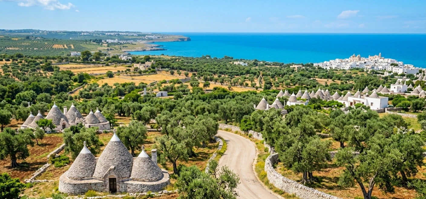 Deserted country road cutting through the Puglia landscape with stone trulli and golden fields under a summer sky