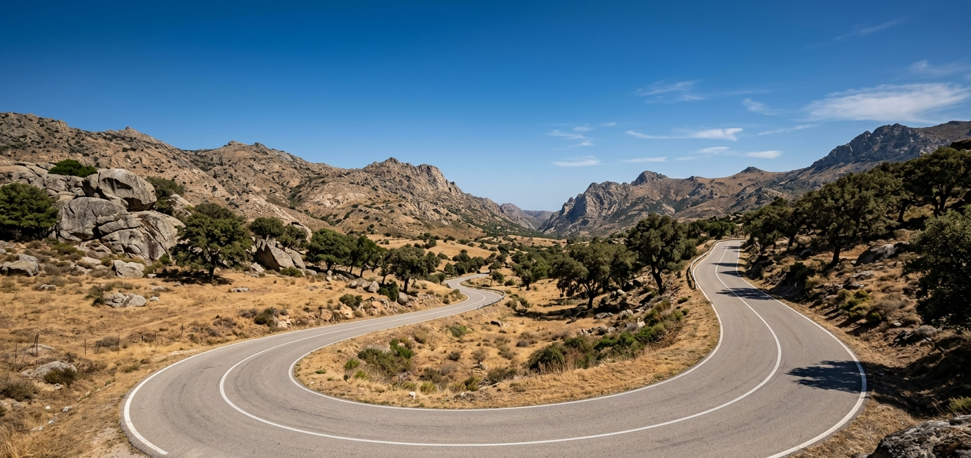 Winding asphalt road cutting through a Sardinian mountain landscape with granite boulders, golden grass and an intense blue sky