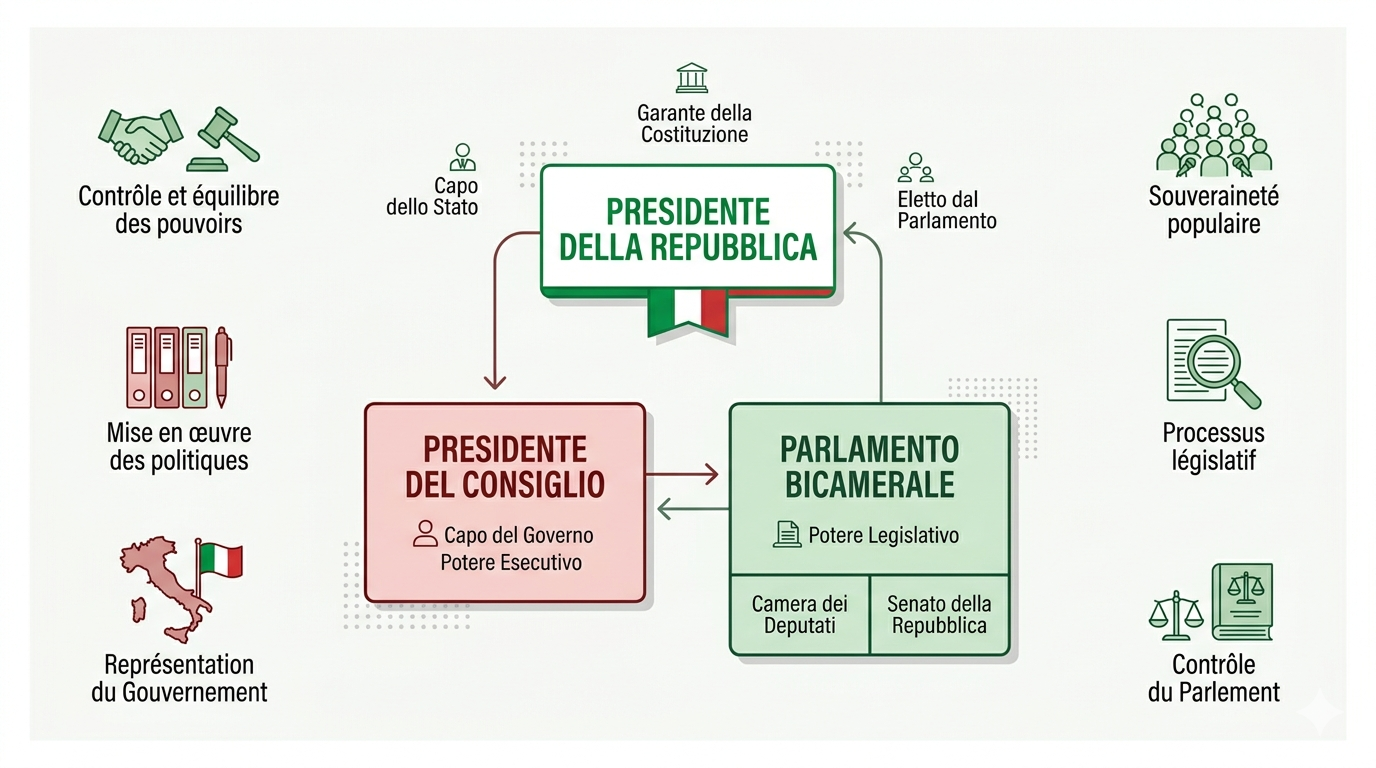 Schéma simplifié du système politique italien : Président de la République, Président du Conseil et Parlement bicaméral reliés par des flèches