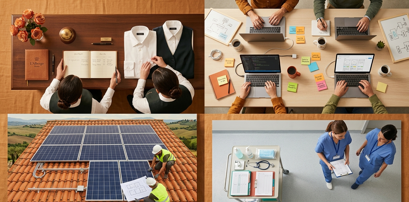 Collage illustrating the four sectors hiring the most in Italy: hospitality, digital, healthcare and renewable energy