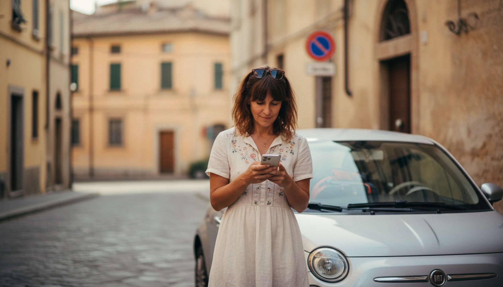 Young woman checking the ZTL zone map in Italy on her smartphone