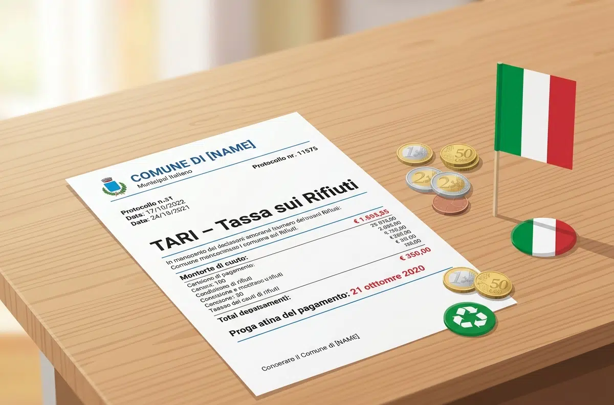 Official TARI Italian waste tax document with euro coins and a recycling symbol