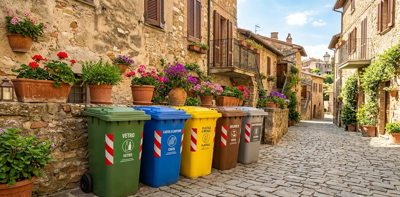 Five coloured recycling bins lined up on a sunny cobbled street in Italy
