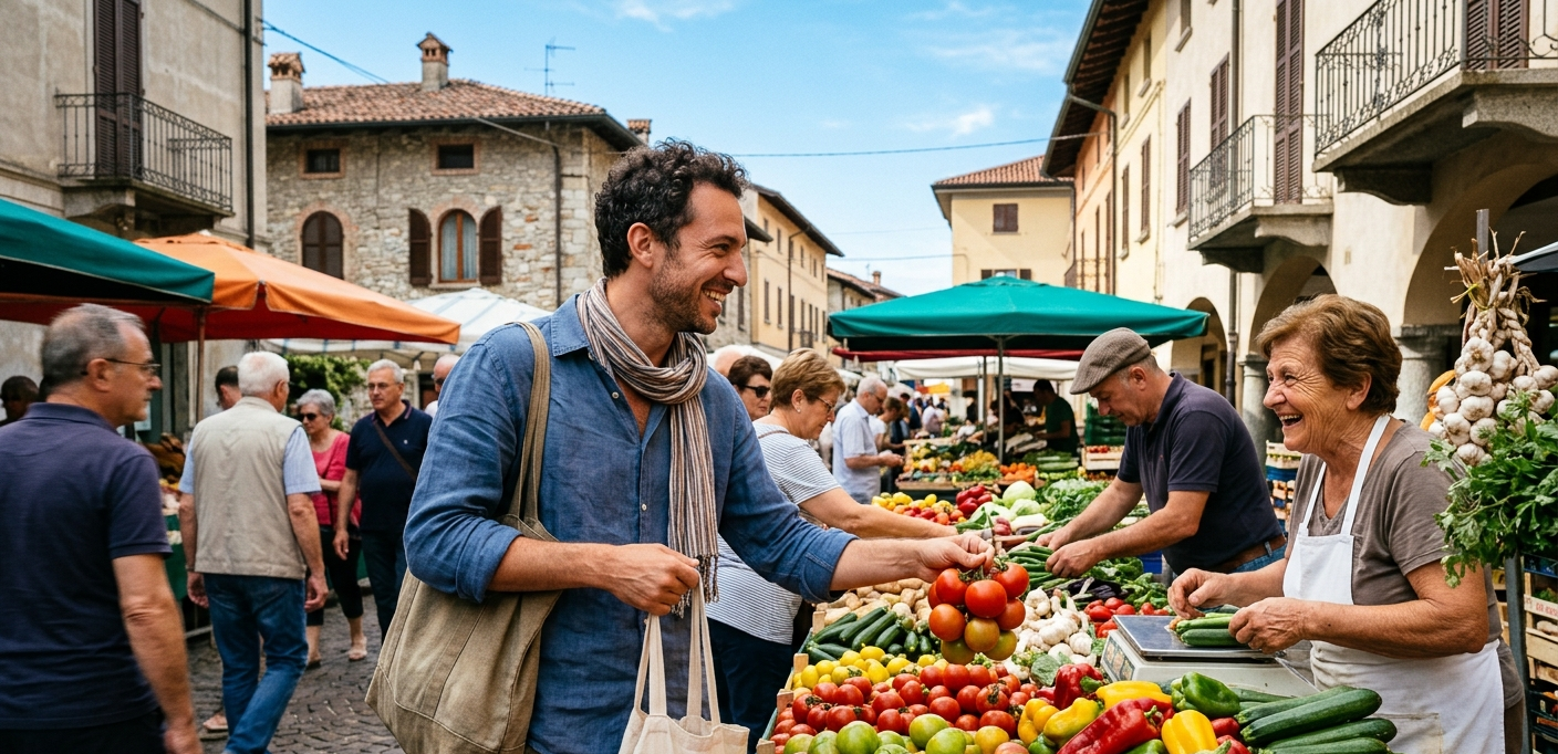 Un homme souriant fait ses courses sur un marché en plein air en Italie, entouré d'étals de fruits et légumes colorés