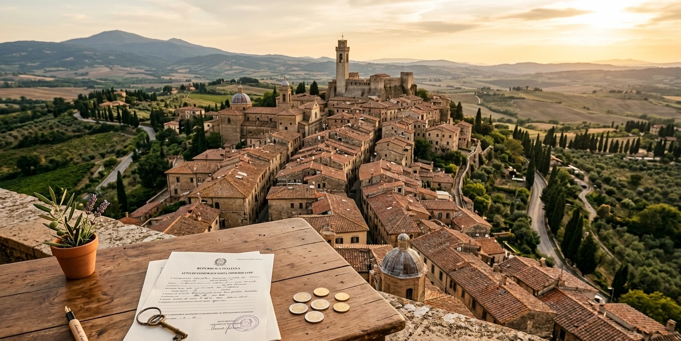 Vue aérienne d'un village italien avec documents immobiliers et euros au premier plan — taxes et impôts immobiliers en Italie