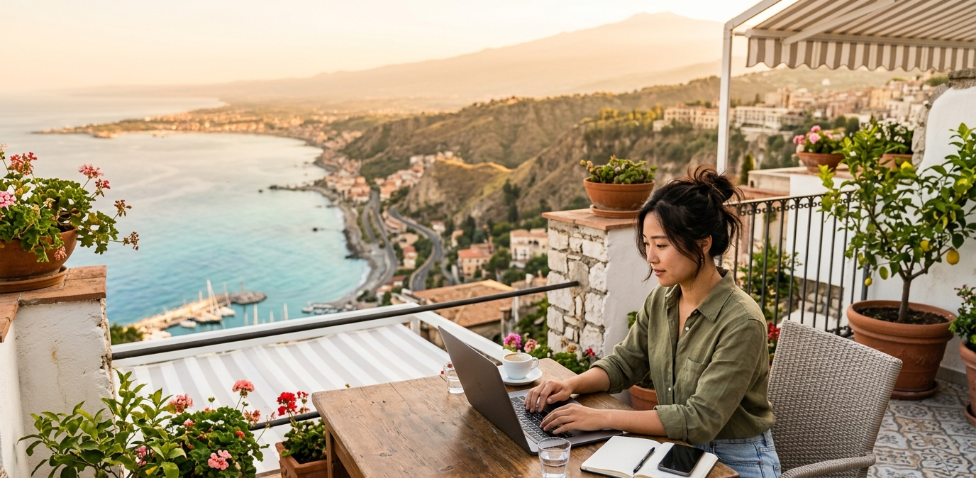 Nomade digital travaillant depuis une terrasse avec vue sur la mer dans le sud de l'Italie, bénéficiant du régime des impatriés à 40 %