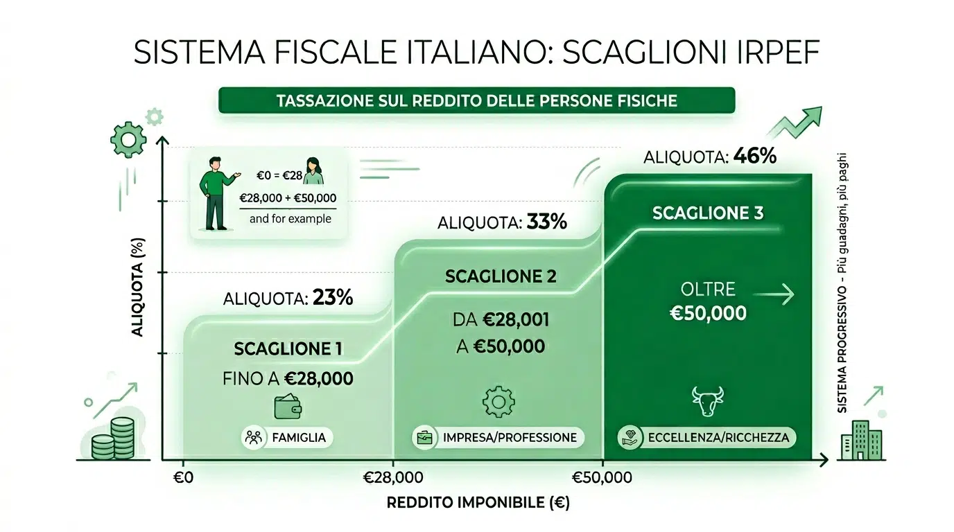 Infographie des tranches d'imposition IRPEF en Italie pour les nomades digitaux et travailleurs étrangers en 2026